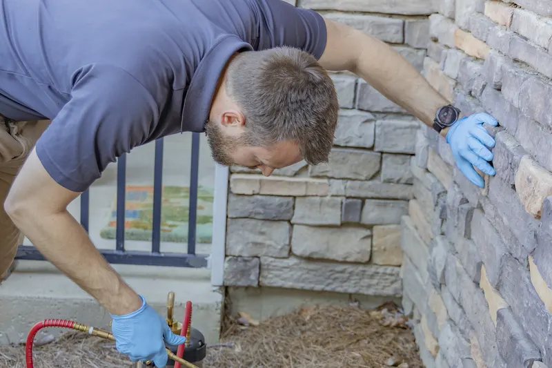 Trent Mobley of Berner Pest Solutions treating cracks along a stone foundation during a quarterly pest control visit
