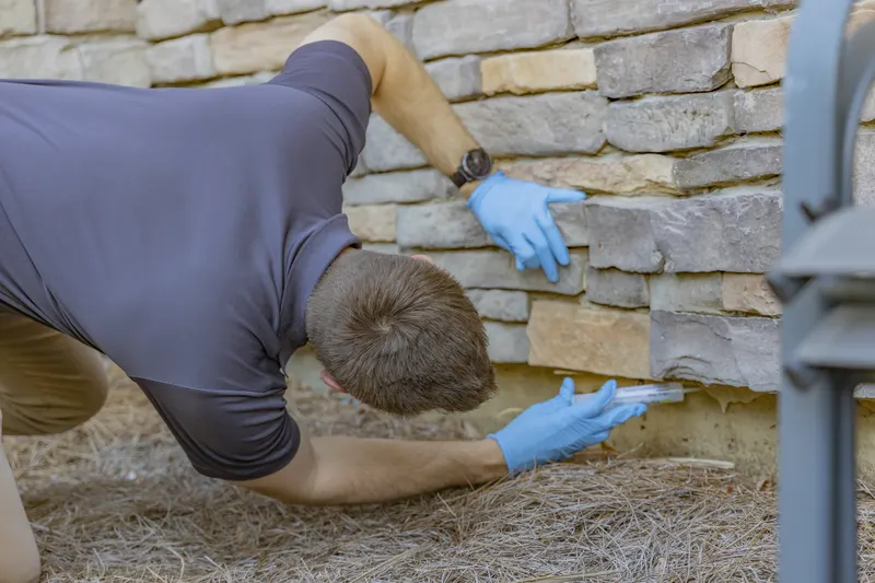 Berner Pest Solutions owner Trent Mobley applying a targeted crack and crevice treatment along a stone home foundation