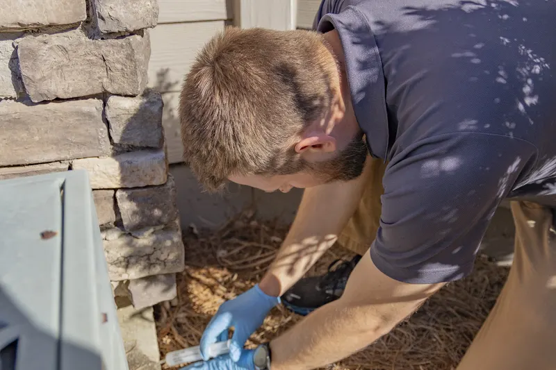 Trent Mobley of Berner Pest Solutions placing a targeted bait application at the base of a home during a service visit