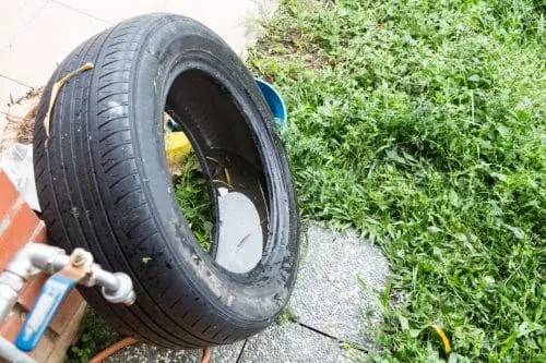Standing water collected in an old tire, a common mosquito breeding site