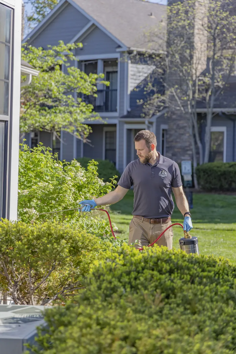Berner Pest Solutions technician treating backyard shrubs for mosquitoes at a Lexington home